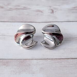 Vintage Stud Earrings Large Statement Silver Tone Modernist Design 1 & 1/8"